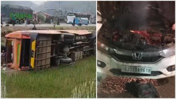 यात्रीबस दुर्घटना हुँदा १६ जना घाइते, गुडिरहेको कारमा आगलागी