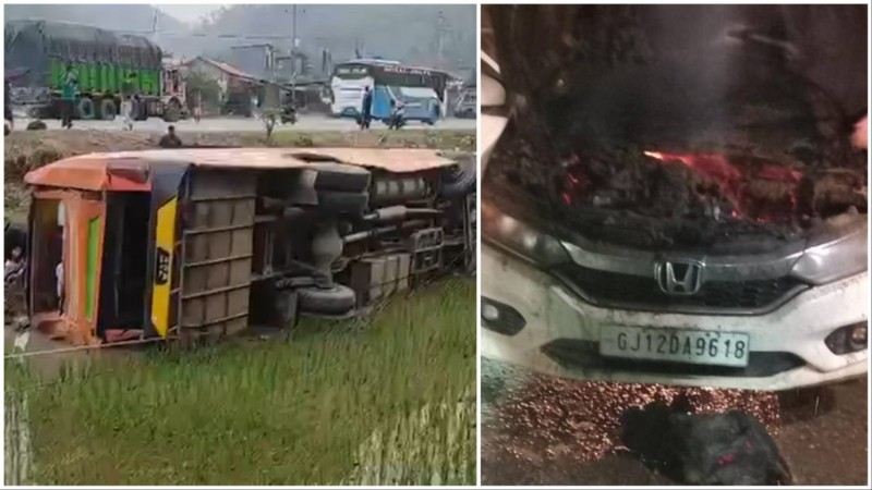 यात्रीबस दुर्घटना हुँदा १६ जना घाइते, गुडिरहेको कारमा आगलागी